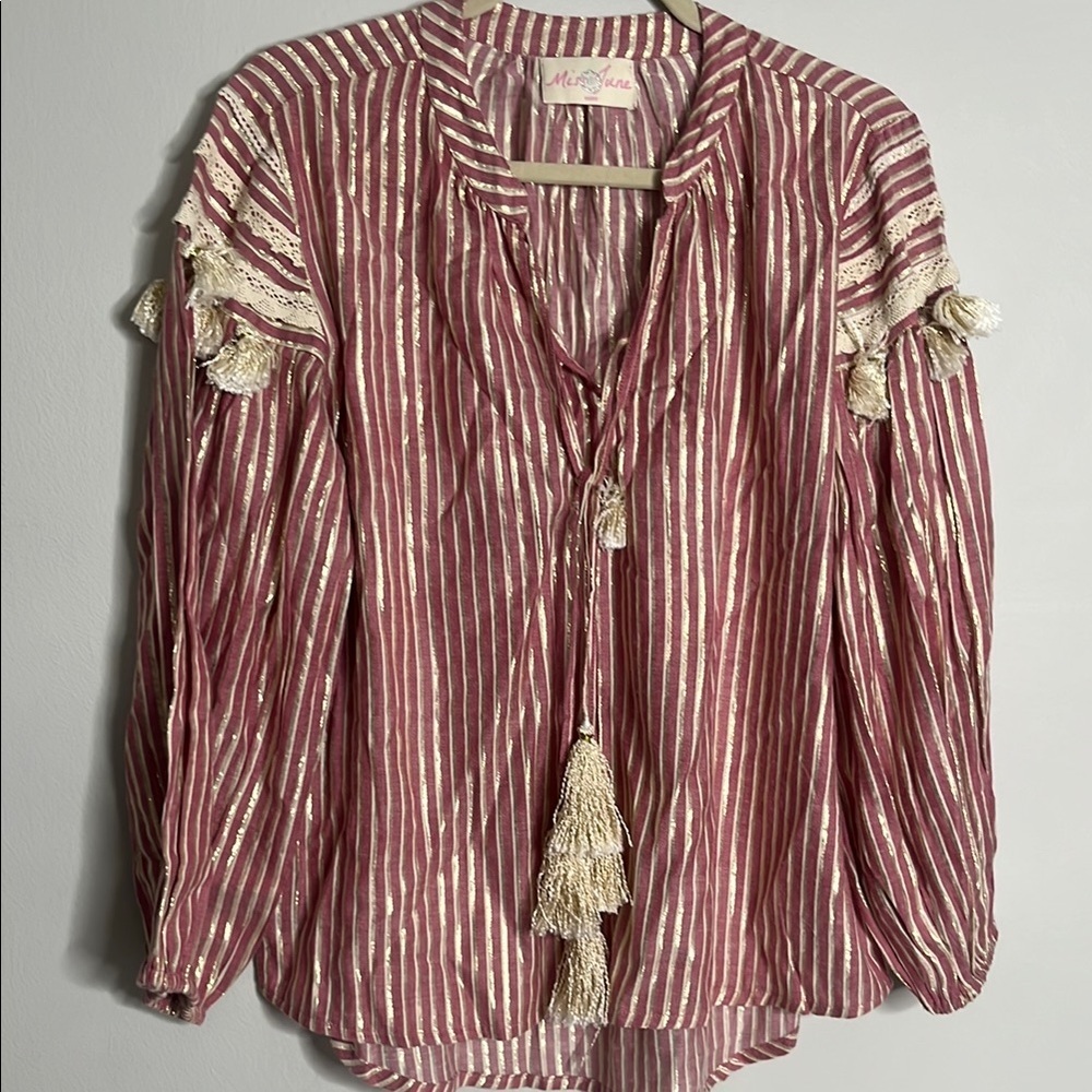 Red and White Ruffled Blouse with Mandarin Collar